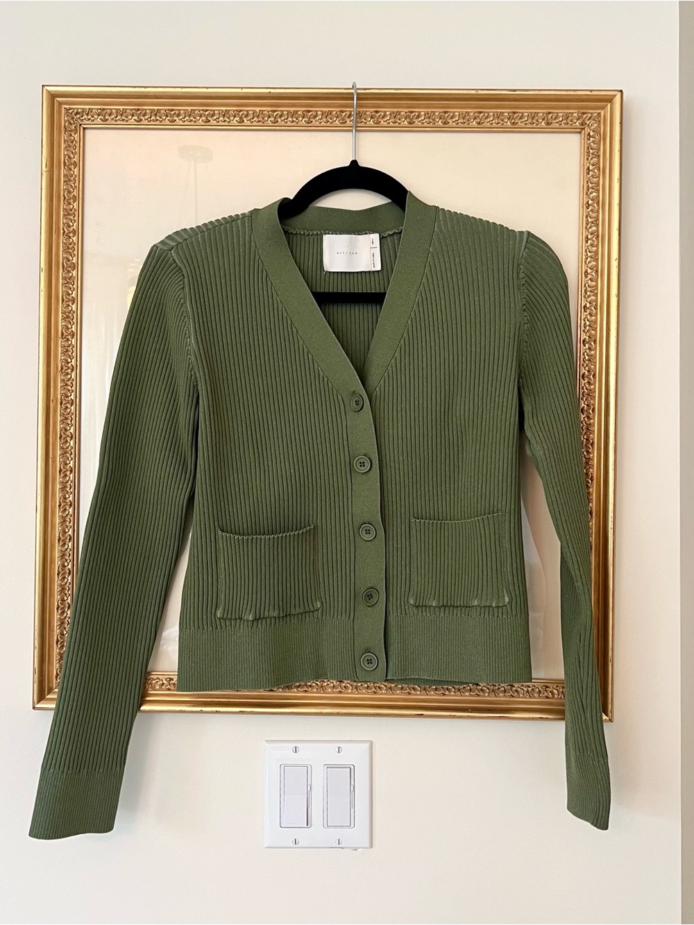 Olive Ribbed V-Neck Button-Front Cardigan Sweater